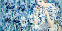 decomposion:   Art history meme (x) - &frac14; colours - blue   Fleur de lis by Robert Reid | Branches with Almond Blossom by Vincent van Gogh | Amalia de Llano y Dotres, Countess of Vilches by Federico de Madrazo |The anticipated letterby Harry