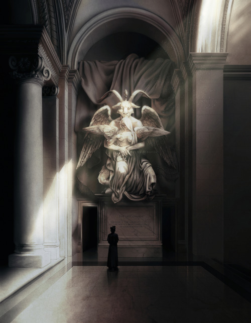 Vertical illustration showing a large hall with Baroque Renaissance-style architecture. In the centre, facing the viewer, a large statue of light-coloured marble is bathed in sunlight shining through a half-moon-shaped opening in the top right-hand corner of the room. The majority of the room is in semi-darkness, but the sun's rays cast such a strong light that the illuminated areas appear brilliant white.
The statue represents Baphomet, holding in their arms a nun covered by a large drape around her and the pedestal. Baphomet's hands on the nun's stomach form a pantagram with their fingers.

In front of this enormous statue, a small black figure stands in contemplation, Cardinal Copia in his black robe. 
He is standing right in front of the inscription on the pedestal that reads: Foundress of the order of the Sisters of Sin, she inspired many generations of novices after her.