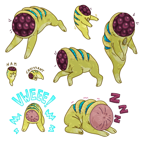The same pack of houndeyes but layed out separately. The sleeping one has "zzz" written next to it, and the baby practicing its sonic attack has "VWEEE!" written above it. There are also two tiny doodles. One is staning on its hind leg and captioned "ham" because it has a similar shape to a leg of ham. The other is lying on its side, captioned "croissant" as the its curved back with ridges gives it a similar shape to a croissant.