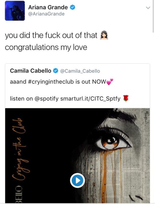 ot5-harmony:thatcamilanews:- charli xcx, lorde, ariana & shawn all showing support to “crying in