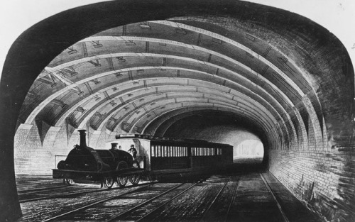A contemporary lithograph of a steam locomotive on the Metropolitan Line near Paddington Station (18