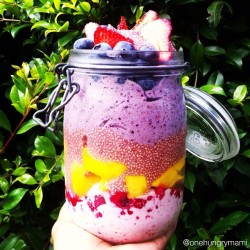 rawvegansous:  From the bottom: raspberry &amp; banana ice cream, fresh raspberries, mango, strawberry chia, blueberry &amp; banana ice cream, fresh blueberries, more strawberry chia &amp; some fresh strawberries.  