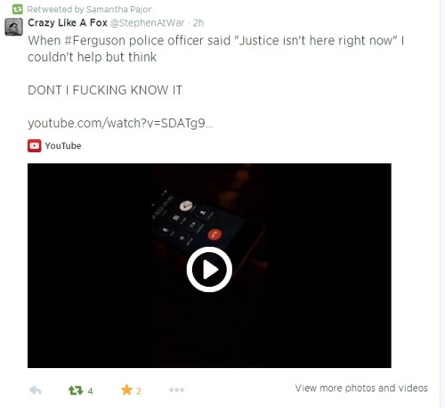 grubsludge: iwriteaboutfeminism: A sample of tweets on #Ferguson tonight, 8/13/14 &ldquo;Justice