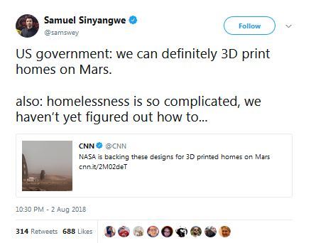 emotionalempowerer:That is classic. Mars houses are easy.  Earth homelessness is an absolute mi