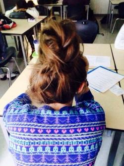 my best friend made this huge bun thing with my hair in business class hooray