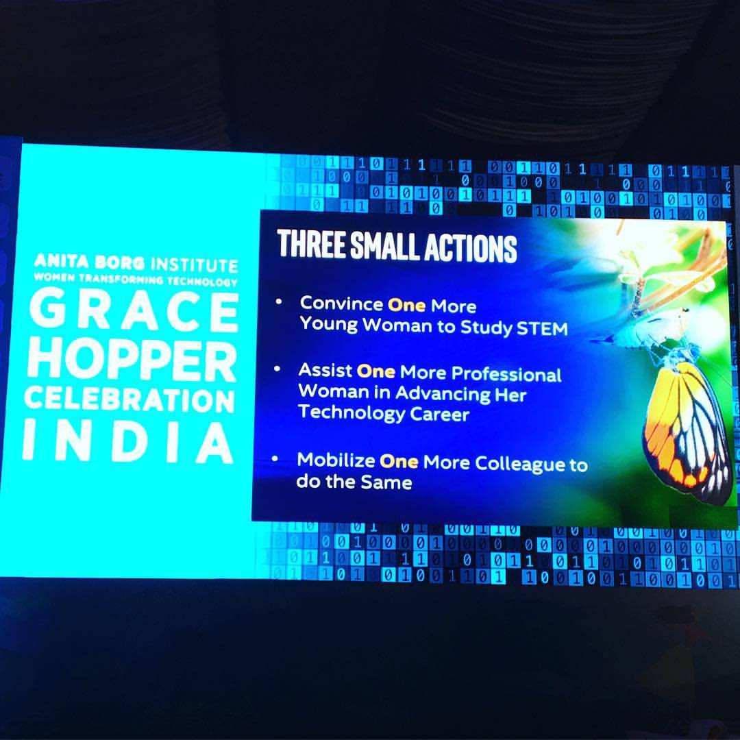 Driving change requires direct action. @kimsstevenson outlines effective mobilization of #womenintech #ourtimetolead #GHCI15 (at Bangalore, India)