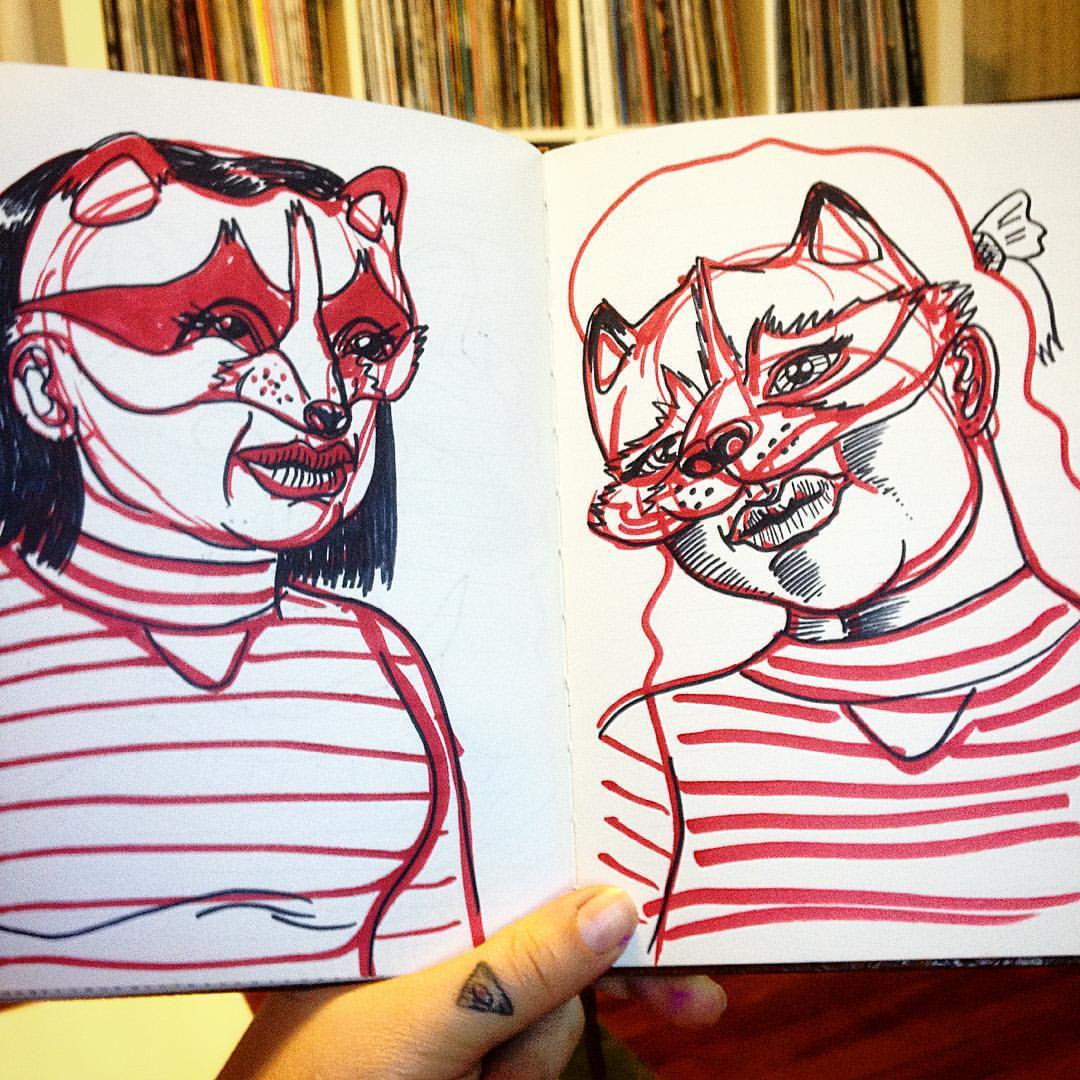 Racoon ladies #sketch #sketchbook #drawing #marker #sharpie #racoon #mask #animal #stripes #bandit #weirdart #lowbrowart #weirdo #ratboneink #fysw