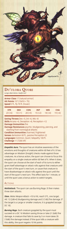 Du'ulora QuoriLarge aberration, lawful evilArmor Class 17 (natural armor)Hit Points 157 (15d10 + 75)