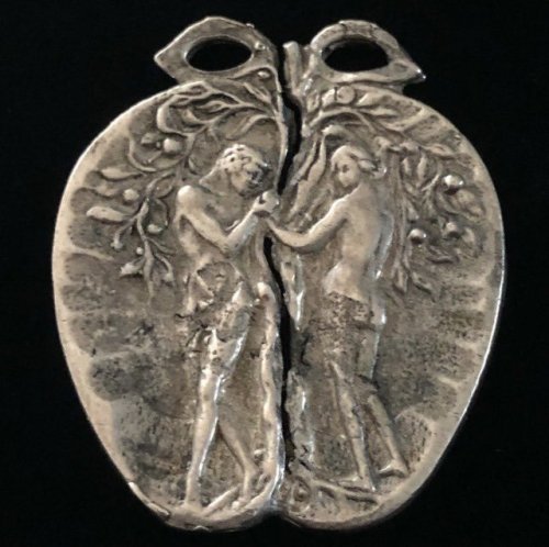 Adam And Eve Apple. Quote Translates To “I Am Your Half”