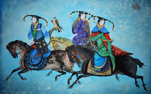 Mongolian ladies on horseback by Zaya