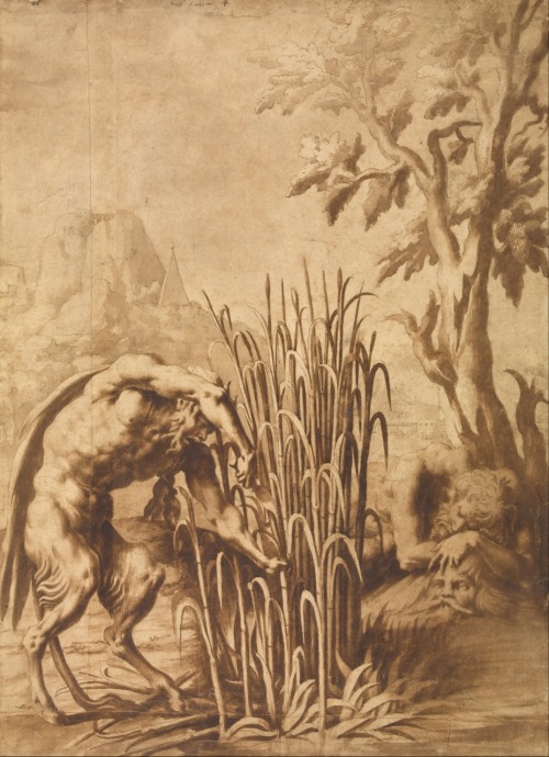 templeofapelles:Pan cuts the reed into which the nymph Syrinx has turned Master of the Fontainebleau