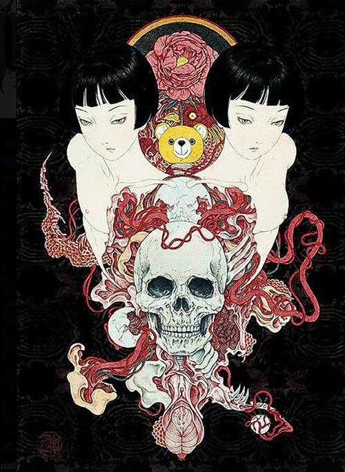 romantiscience: Takato Yamamoto Takato Yamamoto is widely known for his “Ukiyo-e Pop” style of painting. He explores themes of darkness, bondage, vampires, metamorphosis, love and death. The perspective is always calm and serene - never depicting