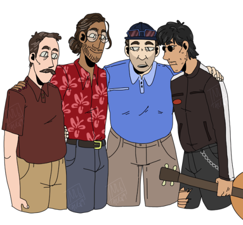 gay-spaceman:dad huddle!!![id: a digital drawing of the four dads from ‘Dungeons and Daddies.’ Ron S