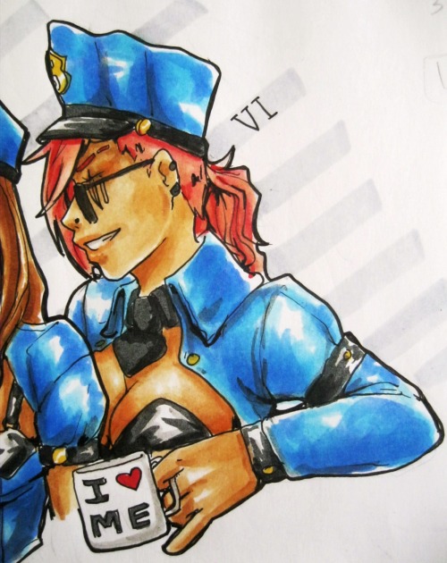 More drawinnngsss, Vi and Cait Officer Skin <33  Coloured with copics <3  I really don’t know how to do photos/scans similar to the real drawing T___T I see it here and it’s ugly, but in my  notebook it’s cute *panic*  The last