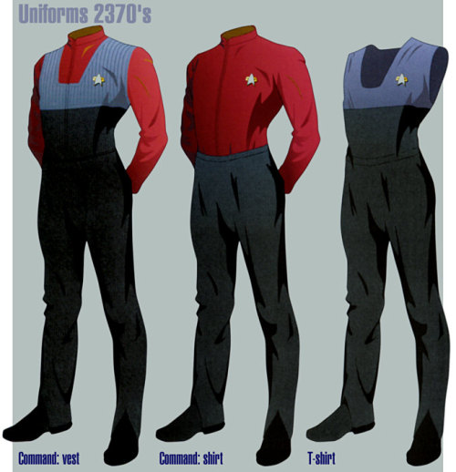 Starfleet uniforms and EV suit introduced in First Contact.