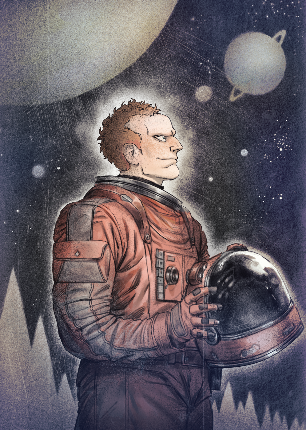 An illustration of a red haired man in a red astronaut looking up at the sky smiling as he holds a red astronaut helmet in his gloved hands. A moon and jagged mountains against a dark sky are in the background. There is a grainy texture across the drawing.