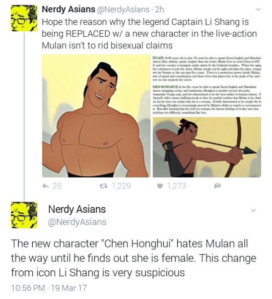 gilganyan-24:  makeupbyemko:   alma-ren:  sodomymcscurvylegs:  vaderwan:  disney: mulan live action movie me: disney: me:   The change from Li Shang is concerning, and not only because it’s erasing a very distinctly bisexual character. Forget sexuality: