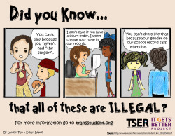 transstudent:  Learn more at transstudent.org and ACLU’s Know Your Rights guide. Also a big thanks to our friends at the It Gets Better Project for collaborating with us! 