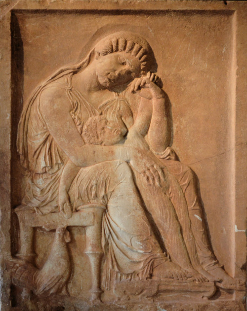 greek-museums:Archaeological Museum of Dion:From Pydna, funeral stele depicting mother, child and co