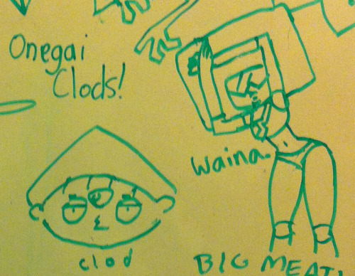 b-san:  Stupid lime green dorito things I drew with friends on a whiteboard. I drew everything except the sideways Peridot with sunglasses, my friend drew that. Drawings are in weird positions because the board was laying on a flat surface rather than