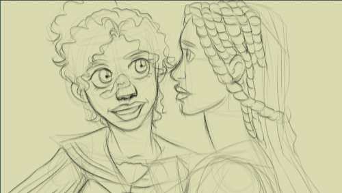 A sketch of Teresa looking at her friend, Rhoda, in a subtle, teasing manner.