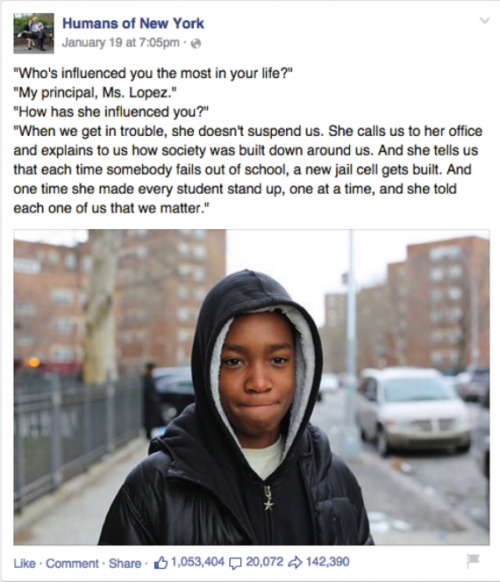 thechanelmuse:From the Streets of Brownsville, Brooklyn to the Oval OfficeA couple of weeks ago, a photo of 13-year-old Vidal appeared on Humans of New York, a popular blog. He talked about his principal Ms. Lopez, saying: “She told each one of us that