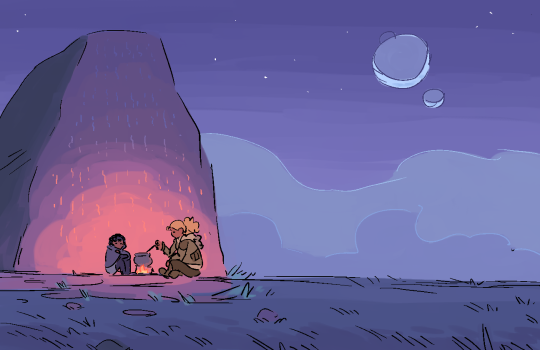 A digital drawing of Sol and Nyx sitting next to a tall standing stone in a field at night. They have a small campfire going and are cooking food in a small cauldron. Behind them are the Mists marching along the horizon and in the clear starry sky are the three moons as crescents.