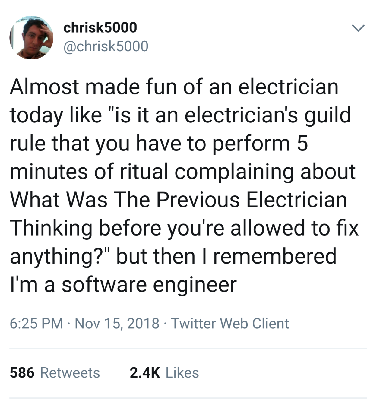 programmerhumour:
““What was the previous electrician thinking?” ”