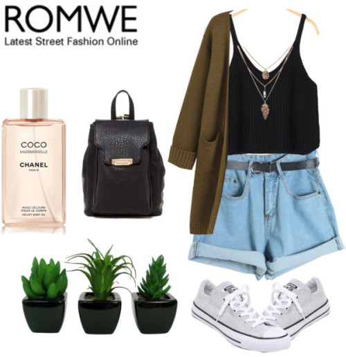 Romwe by w0lfology featuring a black bagLong sleeve cardigan / Black cami / Chicnova Fashion high-wa