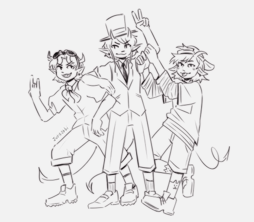 Ramon, Dapper and Leonarda from the qsmp are drawn colorless and humanized, in a white background. Ramon has a rock and roll symbol on one hand as he elbows Dapper on the stomach who, in turn, has one arm resting on Ramons back and the other raised, in a peace sign. Leo holds herself on dappers raised arm and is looking at the camera with her tongue sticking out. Both Ramon and Dapper have more formal clothes, short sleeved button ups with dapper in a vest, while leo wears more baggy, casual clothes.