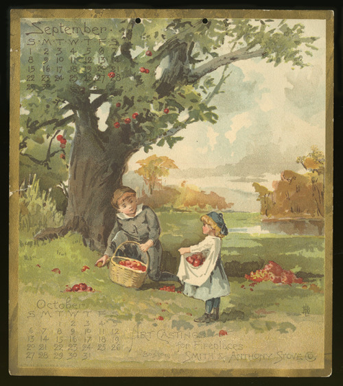 October apples.Smith & Anthony Stove Co. advertising calendar, 1889. The reverse advertisement f