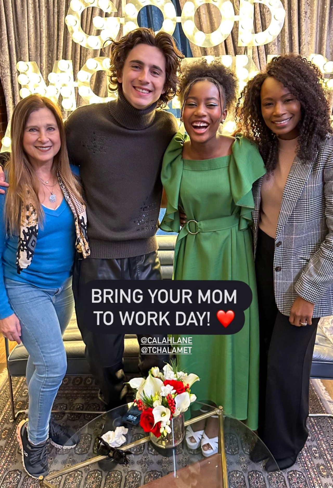 Timothée Chalamet on Tumblr: Cute Mom moment (IG: goodmorningamerica)