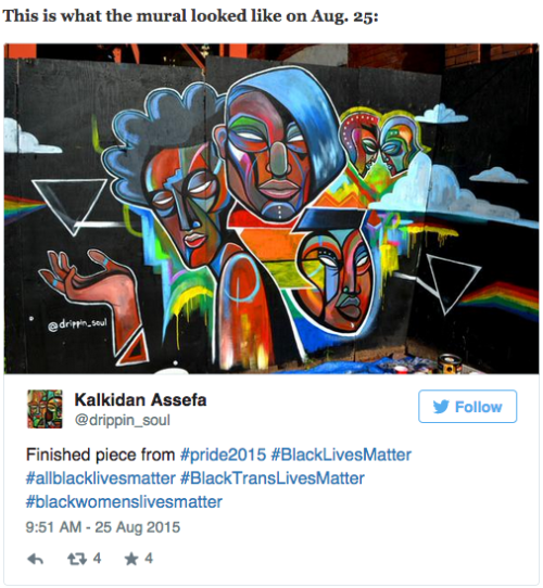 atheist-xmas: majiinboo:  huffingtonpost:  ‘Beautiful’ Black Trans Lives Matter Mural Vandalized In OttawaAn investigation is underway after a mural dedicated to raising awareness of violence against black trans women was vandalized in Ottawa.  I