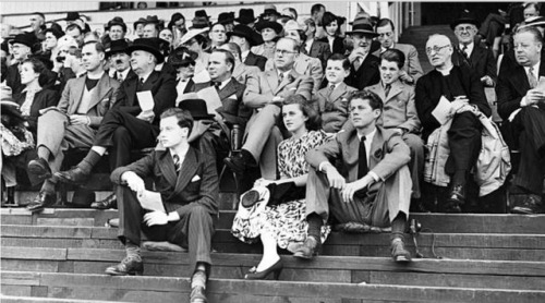 thosekennedys:Members of the Kennedy family attend an Oxford-Cambridge track meet in London, circa 1