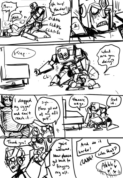 schandbringer:  Rung sometimes loses his glasses, Kup loses his Cygar. Either way, their precious aft sex is gonna get interrupted.We had a very serious talk about this in darkcorals ‘ stream and i decided to draw it. For rungs-eyebrows and corals