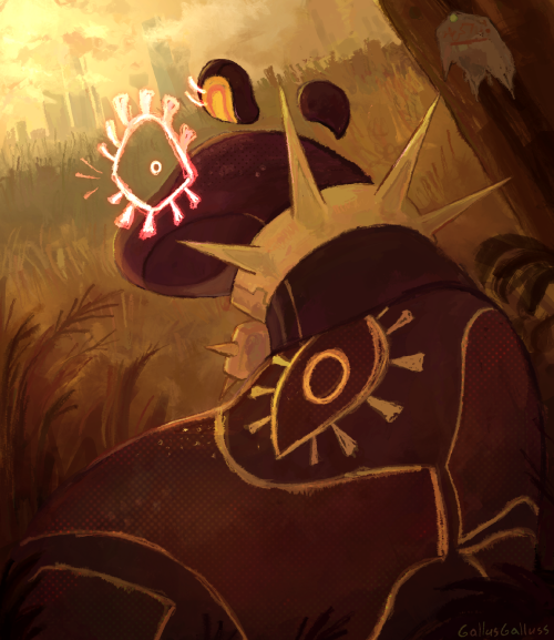 Digital illustration of a robotic bear (Ersa) in a pale grassy area, a city could be faintly seen in the background. The bear black with gold details over her body, a stylized eye could be seen on her back, and she's wearing a golden spiked collar. She's looking towards the viewer with one singular holographic eye.