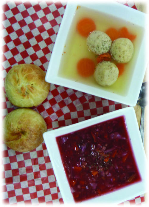 From Gastroposter Neal Goldin: Matzo ball soup and beet borscht with 2 knishes: perfect comfort food