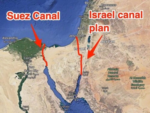 mapsontheweb:  The placement of the existing Suez Canal and an approximation of plans for a canal through Israel that the US considered in 1963.The Israel canal would have excavated more than 160 miles through Israel’s Negev desert with  the use of