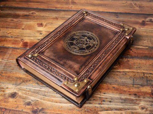 10 x 14 inches large blank book bound in hand toned and aged leather with the transmutation circle.