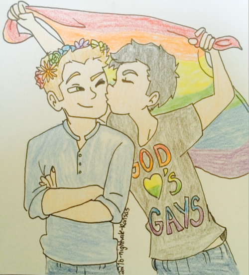 221b-nightvale-kansas:  Some gay pride destiel for the anon!!! I used a reference photo but I lost it!!!!!