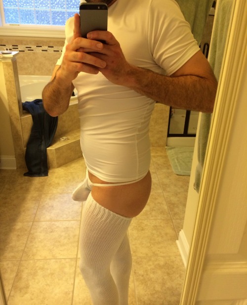 bottom-thong-dude:  My new white thong and thigh highs. I think they look pretty sexy. If you like, reblog! :) 