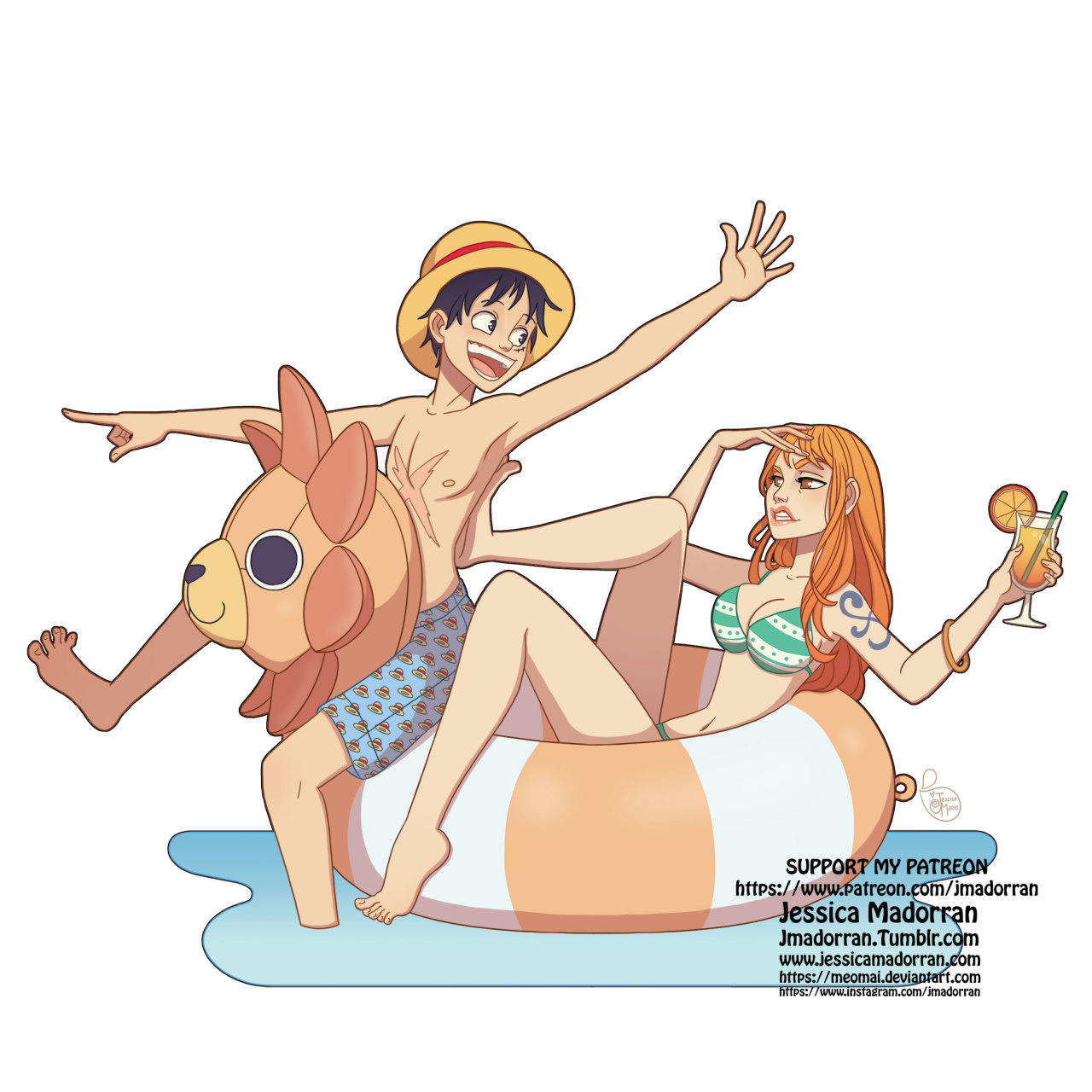 I gave my One Piece Summer fan art from 2020 a redesign to make them into stickers for ECCC 🤗. Last up is a Luffy and Nami! 