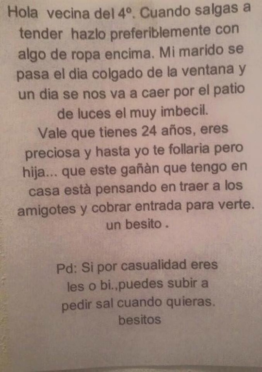 Mensaje de una esposa a la vecina del cuarto.