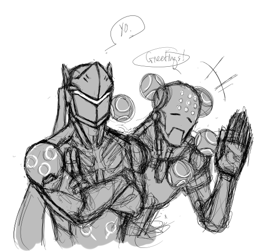 heronfoot:  My fave roboys–I like to think there was this interval where Genji was feeling like an actual person again but hadn’t quite adopted the ascetic lifestyle, and so he just ran around screaming about how incredible it is to be alive, doing