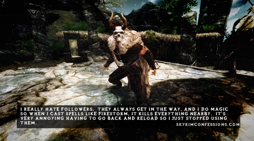 skyrimconfessionss:  “I really hate followers.  They always get in the way, and I do magic so when I cast spells like firestorm, it kills everything nearby.  It’s very annoying having to go back and reload so I just stopped using them.”