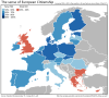 Sense of European citizenship - 2013
Source: SK2P1 (reddit)
SK2P1:
“  Data taken from the Standard Eurobarometer 79 - Spring 2013. Still no data for Croatia (we’ll have to wait for the next report I guess).
Detailed tab is here.
”