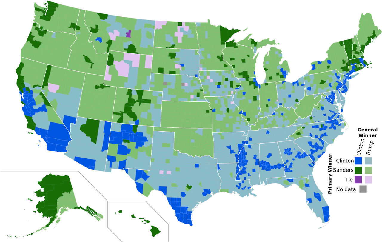 2016 United States Democratic Primary Results vs General Election Results by County or County Equivalent.
