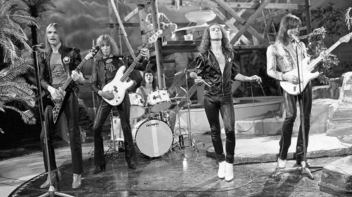 Scorpions appearing on german TV, 1978Rudolf Schenker, Francis Buchholz, Herman Rarebell, Klaus Mein