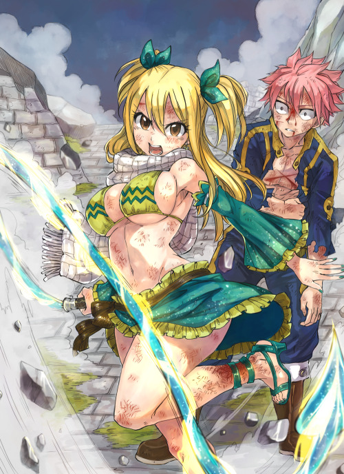 rboz:   Lucy & Levy protecting their men  As per request of enchantedphoenix, both girls are also wearing something from them. Lucy with Natsu’s scarf, and Levy is wearing Gajeel’s jacket.