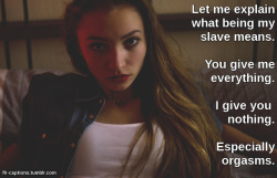 flr-captions: Let me explain what being my slave means. Caption Credit: Uxorious Husband Image Credit: https://www.pexels.com/photo/woman-in-blue-denim-and-white-shirt-sitting-inside-brown-painted-room-235185/ 